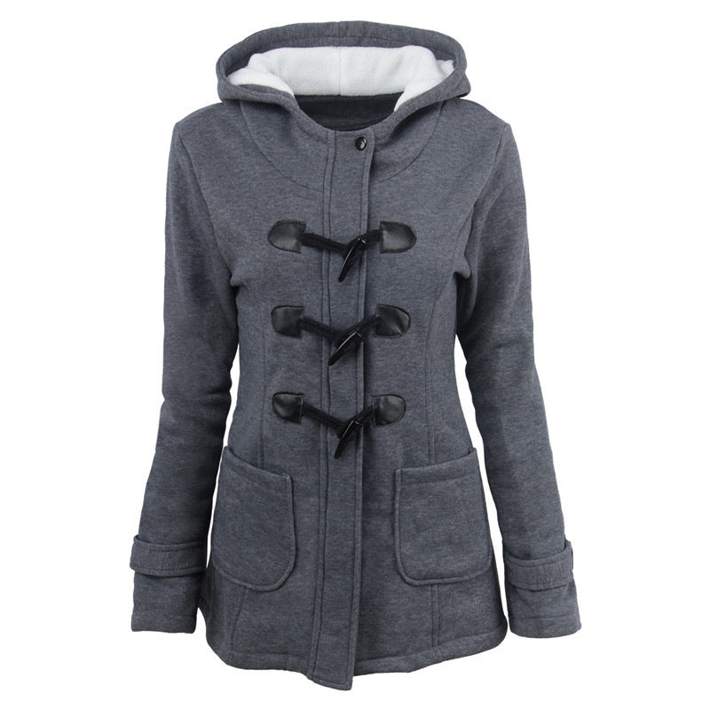 Cow horn button coat women's thick medium long hooded jacket cotton coat women