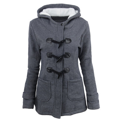 Cow horn button coat women's thick medium long hooded jacket cotton coat women