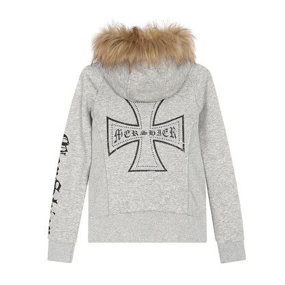 Detachable fur collar zipper hoodie short