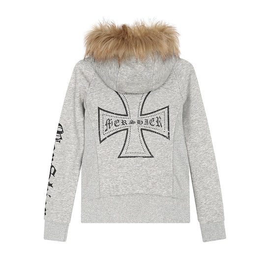 Detachable fur collar zipper hoodie short