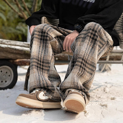 Casual Checkered Wool Pants Men Plus Velvet Thickened Cotton Trousers Youth Loose Wide Leg Pants
