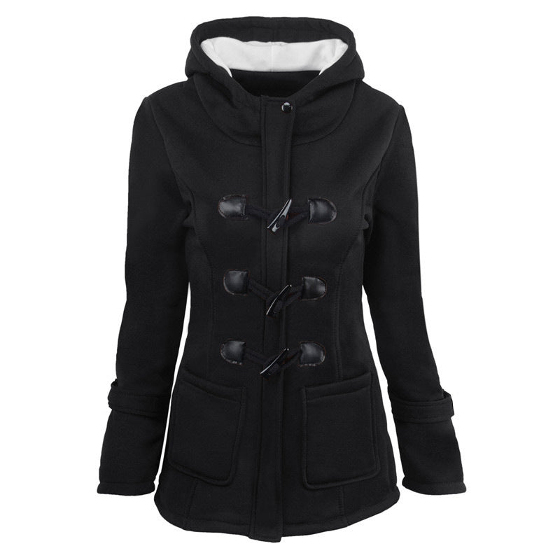 Cow horn button coat women's thick medium long hooded jacket cotton coat women
