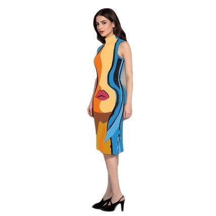 Casual High Neck Sleeveless Human Lips Print Slim Dress