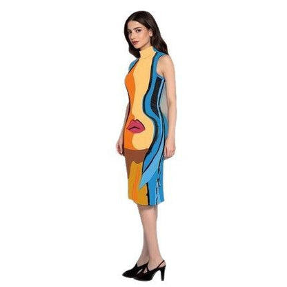 Casual High Neck Sleeveless Human Lips Print Slim Dress