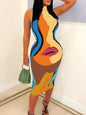 Casual High Neck Sleeveless Human Lips Print Slim Dress