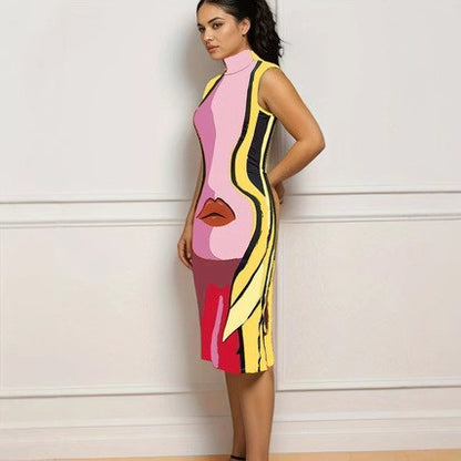 Casual High Neck Sleeveless Human Lips Print Slim Dress