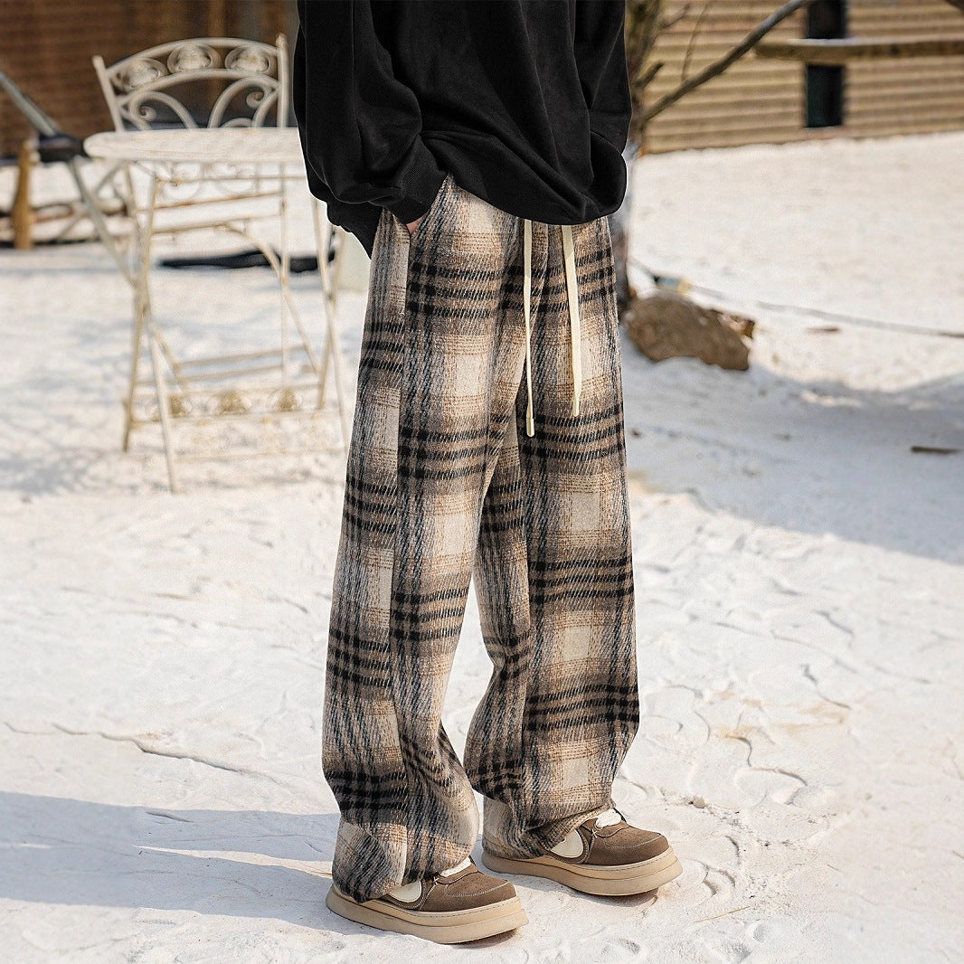 Casual Checkered Wool Pants Men Plus Velvet Thickened Cotton Trousers Youth Loose Wide Leg Pants