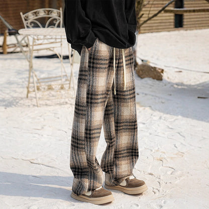 Casual Checkered Wool Pants Men Plus Velvet Thickened Cotton Trousers Youth Loose Wide Leg Pants