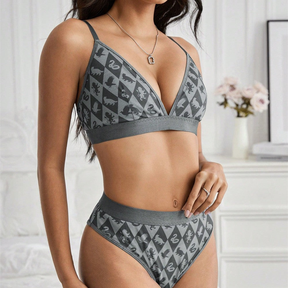 Leisure diamond grid animal base underwear split set