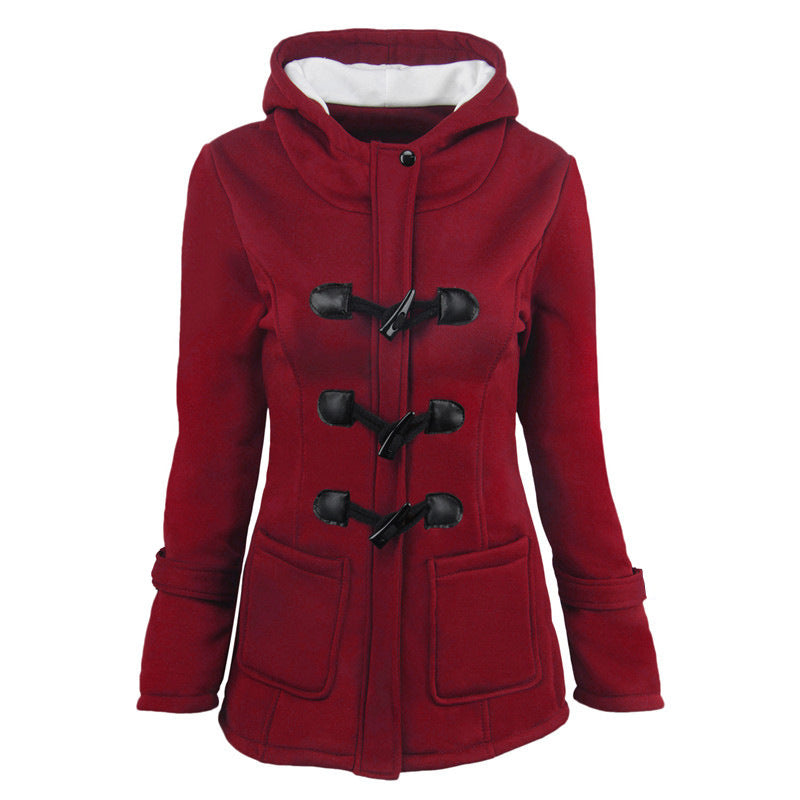 Cow horn button coat women's thick medium long hooded jacket cotton coat women
