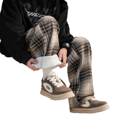 Casual Checkered Wool Pants Men Plus Velvet Thickened Cotton Trousers Youth Loose Wide Leg Pants