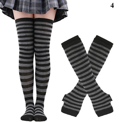 1 Set Damen Mädchen Overknee Lange Gestreifte Bedruckte Oberschenkelhohe Baumwollsocken Armstulpen Handschuhe Süße Niedliche Plus Size Overknee-Socken