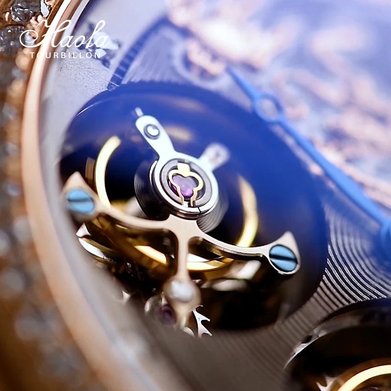 18K Gold Double Tourbillon Movement Skeleton Watch Mechanical Diamond Rose Watch Sapphire