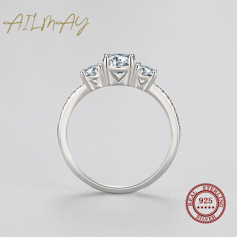 Ailmay Genuine 925 Sterling Silver Luxury Round Emerald Cut Dazzling Zircon Finger Rings For Women Wedding Fine Jewelry Bague
