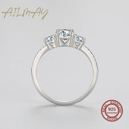 Ailmay Genuine 925 Sterling Silver Luxury Round Emerald Cut Dazzling Zircon Finger Rings For Women Wedding Fine Jewelry Bague