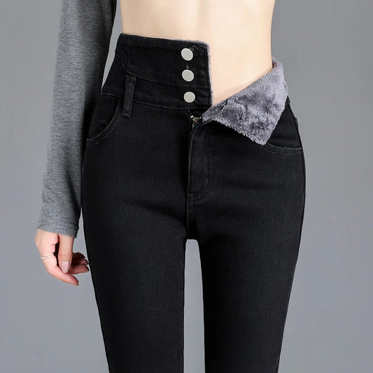 Women's Thermal Fleece High-Waist Velvet Skinny Jeans