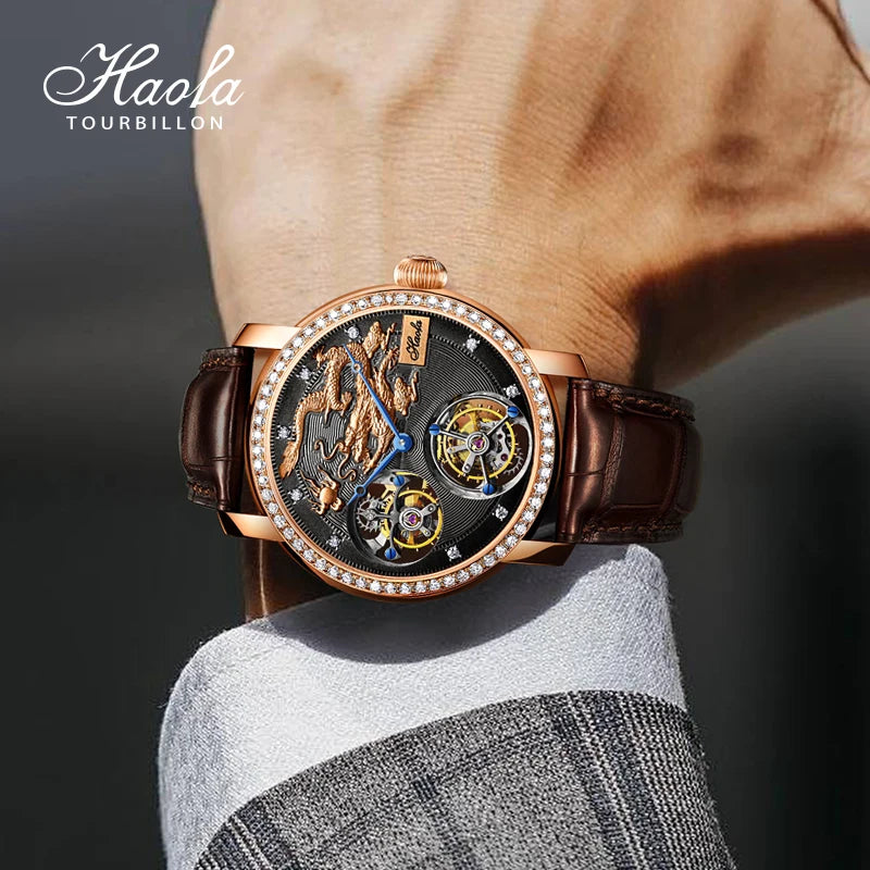 18K Gold Double Tourbillon Movement Skeleton Watch Mechanical Diamond Rose Watch Sapphire