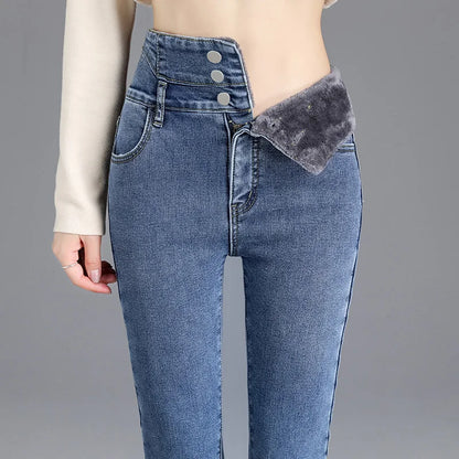 Thermische Winter-dicke Fleece-High-Waist-warme Skinny Jeans Dicke Damen Stretch-Knopf-Bleistifthose Mama lässige Samtjeans