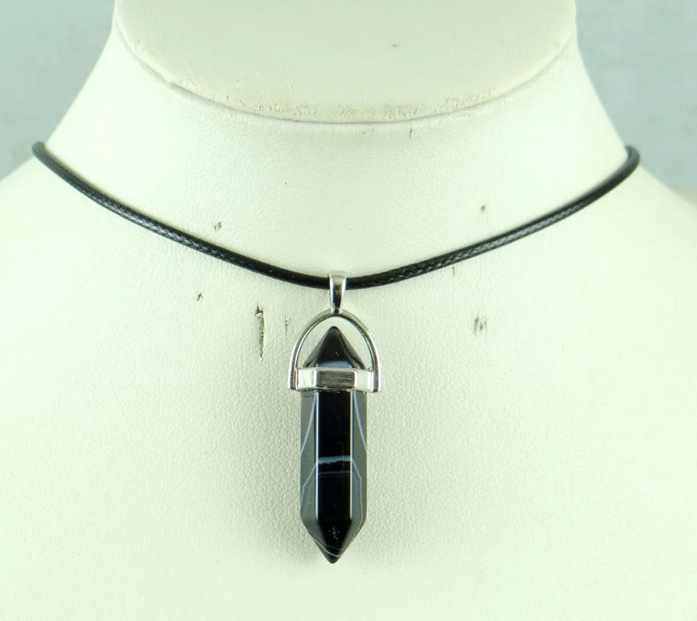 Natural Stone Crystal Hexagonal Pendant — Quartz, Tiger Eye & More