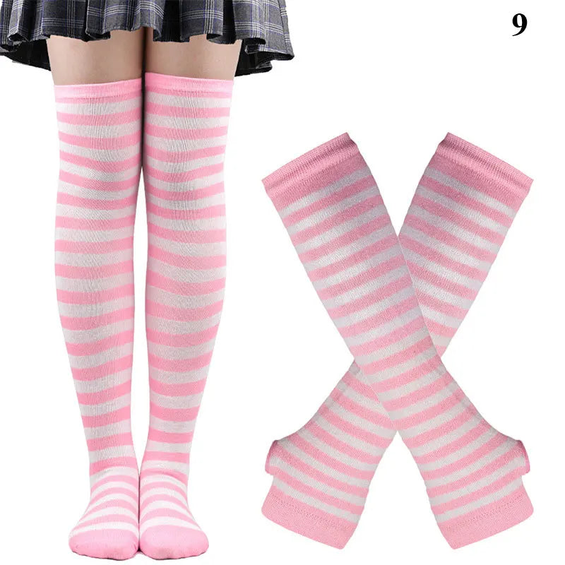 1 Set Damen Mädchen Overknee Lange Gestreifte Bedruckte Oberschenkelhohe Baumwollsocken Armstulpen Handschuhe Süße Niedliche Plus Size Overknee-Socken
