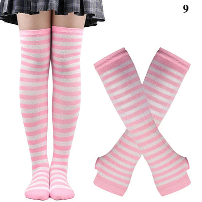 1 Set Damen Mädchen Overknee Lange Gestreifte Bedruckte Oberschenkelhohe Baumwollsocken Armstulpen Handschuhe Süße Niedliche Plus Size Overknee-Socken