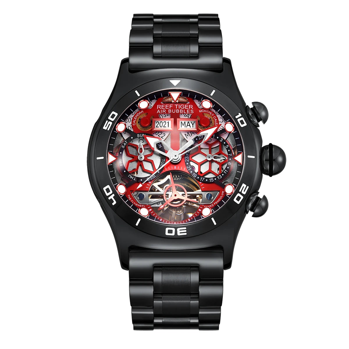 Reef Tiger/RT Sportuhr für Herren Skelett Automatikuhr Leuchtend Jahr Monat Datum Tag Stahlarmband Uhren RGA703