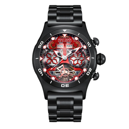 Reef Tiger/RT Sportuhr für Herren Skelett Automatikuhr Leuchtend Jahr Monat Datum Tag Stahlarmband Uhren RGA703