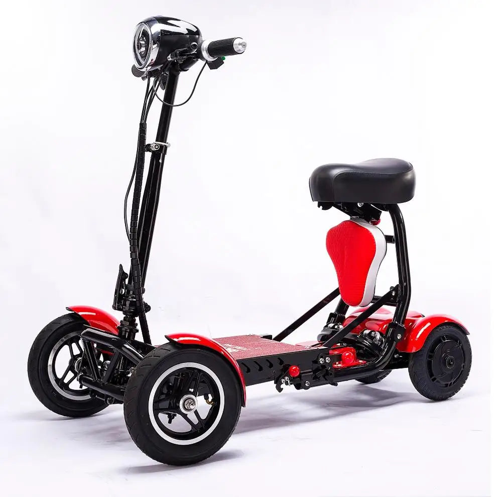 Three-wheeled electric scooter with a red seat on a white background