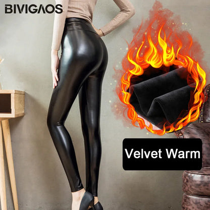 Women PU Leather Velvet Fleece Leggings
