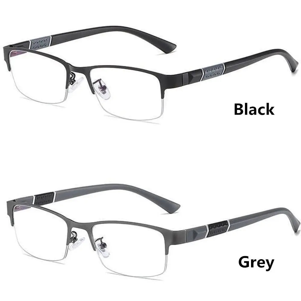 Two pairs of eyeglasses, one black and one gray, on a white background.