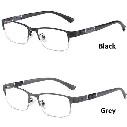 Two pairs of eyeglasses, one black and one gray, on a white background.