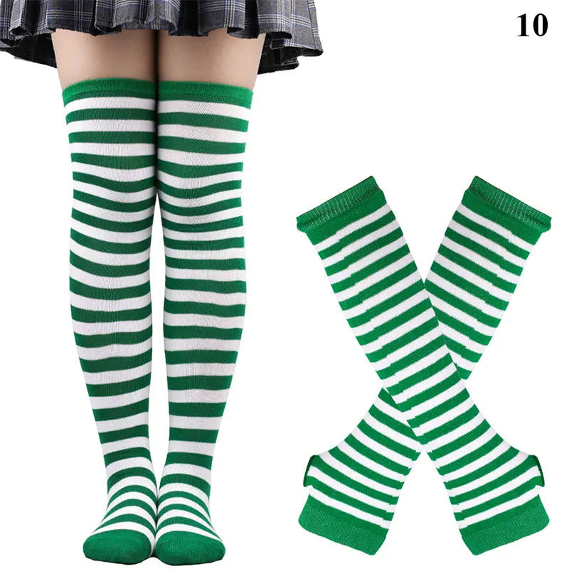 1 Set Damen Mädchen Overknee Lange Gestreifte Bedruckte Oberschenkelhohe Baumwollsocken Armstulpen Handschuhe Süße Niedliche Plus Size Overknee-Socken