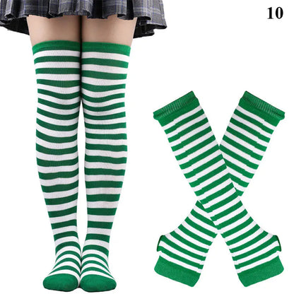 1 Set Damen Mädchen Overknee Lange Gestreifte Bedruckte Oberschenkelhohe Baumwollsocken Armstulpen Handschuhe Süße Niedliche Plus Size Overknee-Socken