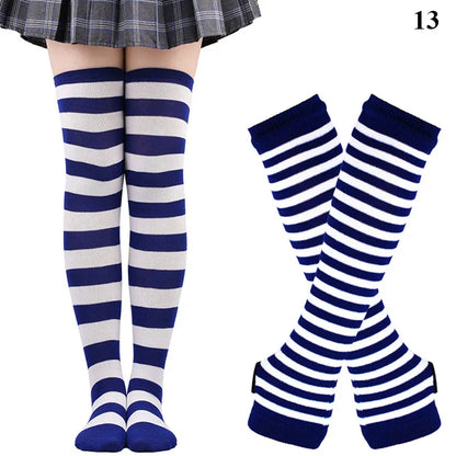 1 Set Damen Mädchen Overknee Lange Gestreifte Bedruckte Oberschenkelhohe Baumwollsocken Armstulpen Handschuhe Süße Niedliche Plus Size Overknee-Socken