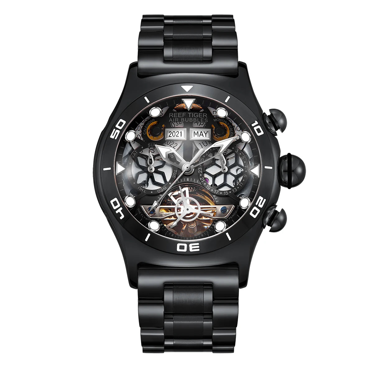 Reef Tiger/RT Sportuhr für Herren Skelett Automatikuhr Leuchtend Jahr Monat Datum Tag Stahlarmband Uhren RGA703