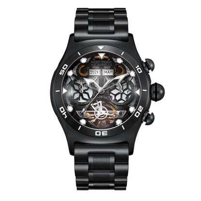 Reef Tiger/RT Sportuhr für Herren Skelett Automatikuhr Leuchtend Jahr Monat Datum Tag Stahlarmband Uhren RGA703