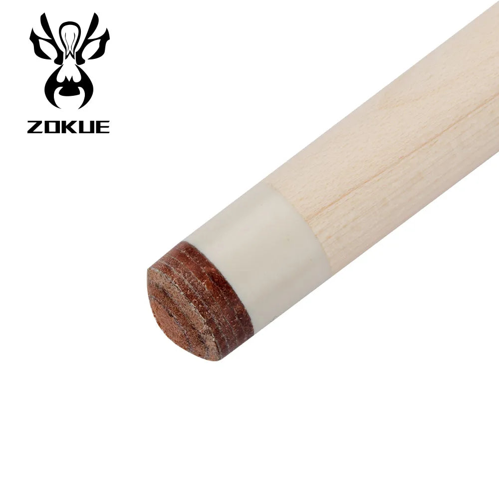 Close-up of a pool cue with ZOKUE branding on a white background