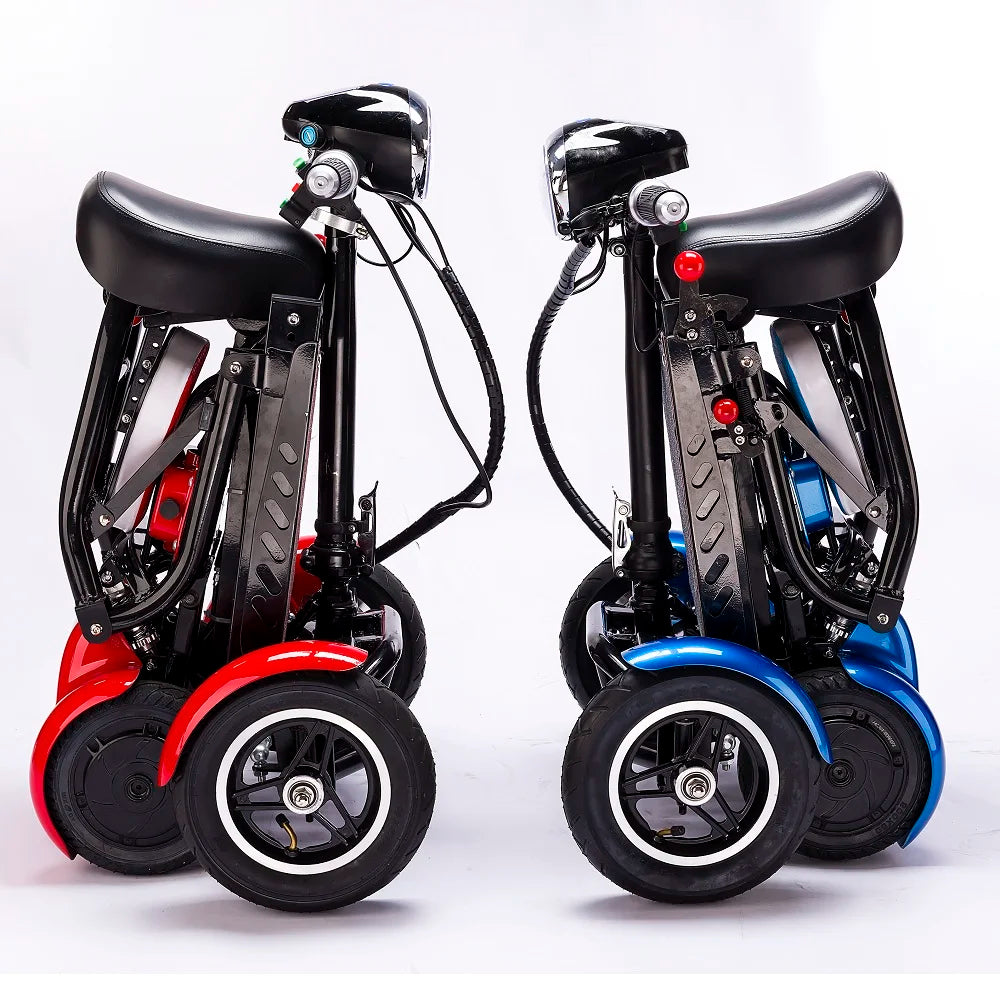 Two mobility scooters, one red and black, one blue and black, on a white background.