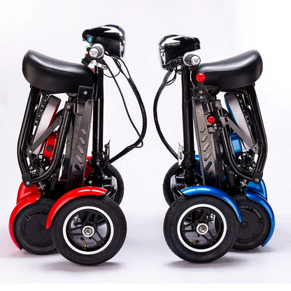 Two mobility scooters, one red and black, one blue and black, on a white background.
