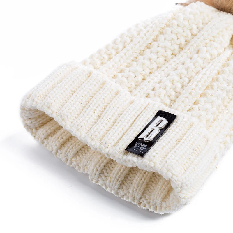 Neue Damenhüte, hohe Qualität, mit Pelz gefütterte Bommeln, Wintermütze, stylische Wollmützen für Damen, warme, dicke Streetwear-Strickmütze