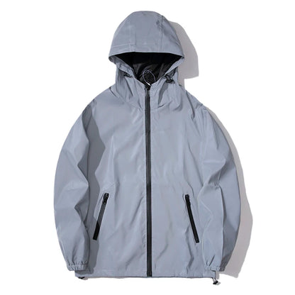 NEUE GRÖSSE Nacht-Reflektierende Jacken Doppeltes Gewebe Windbreaker Kapuzenjacke Herren Hip Hop Tänzer Wasserdichte Reißverschlussmäntel Oberbekleidung