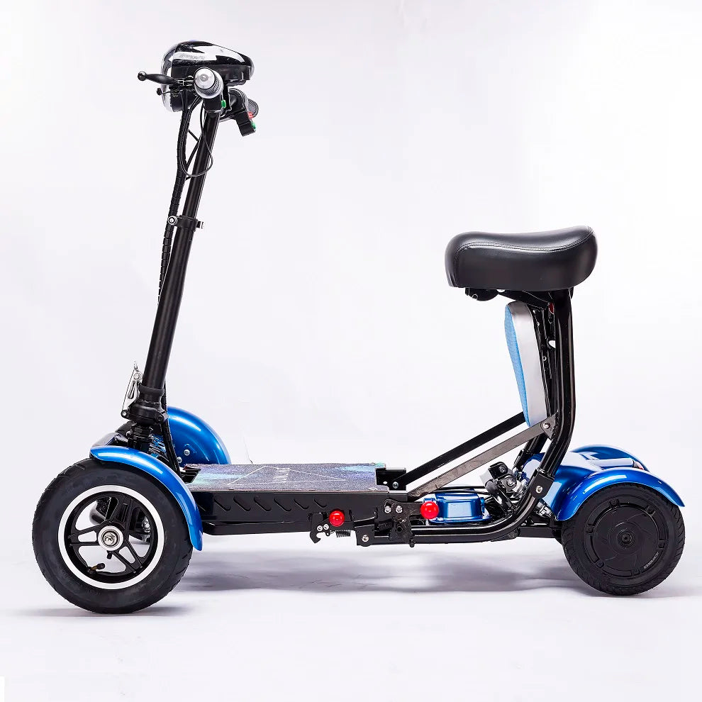 Three-wheeled electric scooter with a seat on a white background