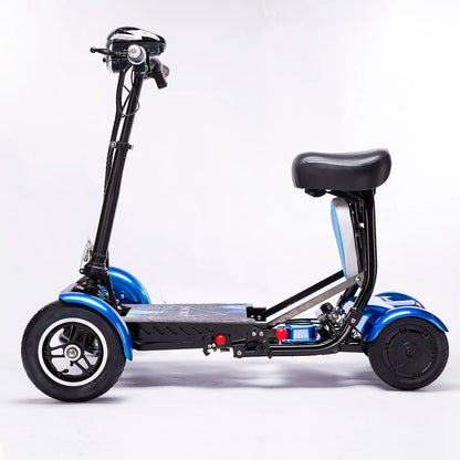 Three-wheeled electric scooter with a seat on a white background