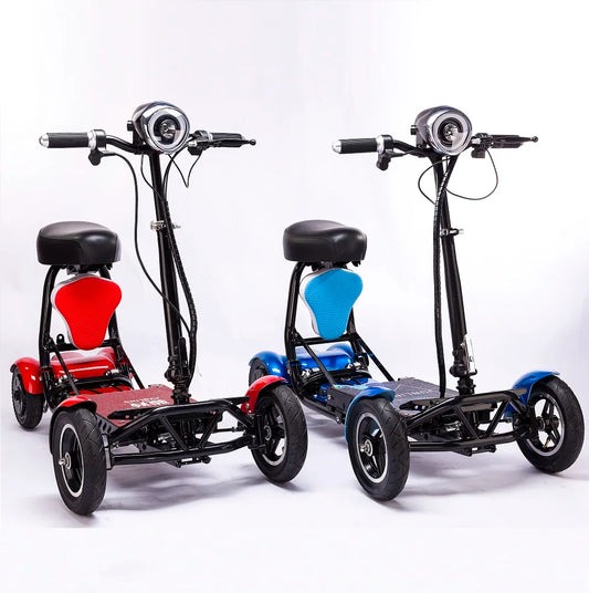 Two three-wheeled scooters with seats, one red and one blue, on a white background.