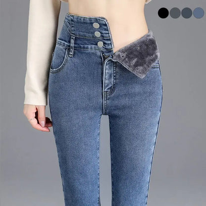 Thermische Winter-dicke Fleece-High-Waist-warme Skinny Jeans Dicke Damen Stretch-Knopf-Bleistifthose Mama lässige Samtjeans