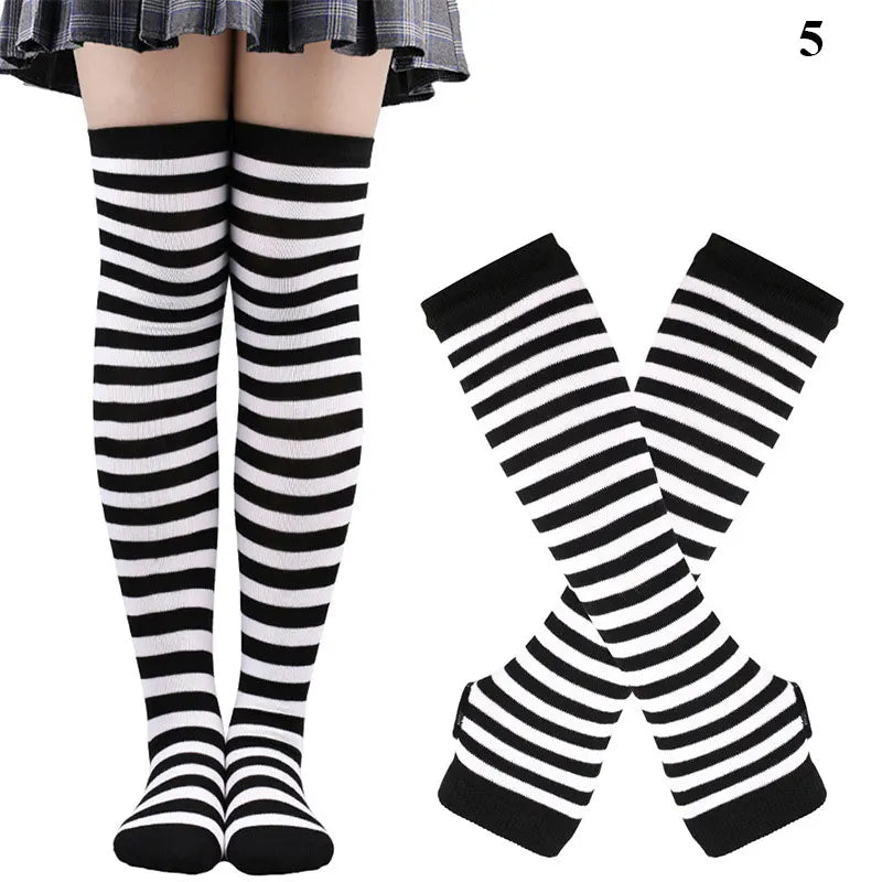 1 Set Damen Mädchen Overknee Lange Gestreifte Bedruckte Oberschenkelhohe Baumwollsocken Armstulpen Handschuhe Süße Niedliche Plus Size Overknee-Socken
