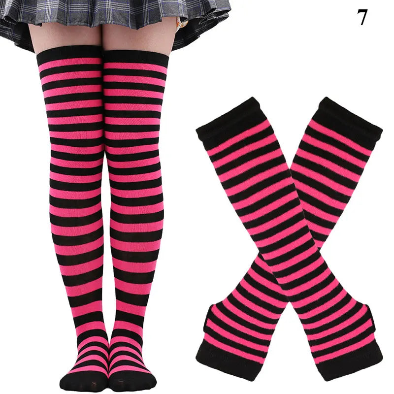 1 Set Damen Mädchen Overknee Lange Gestreifte Bedruckte Oberschenkelhohe Baumwollsocken Armstulpen Handschuhe Süße Niedliche Plus Size Overknee-Socken