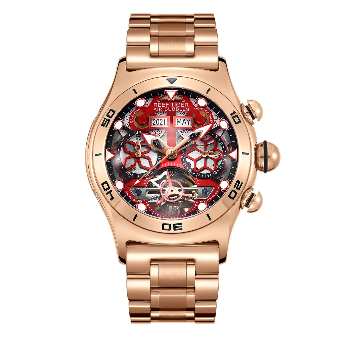 Reef Tiger/RT Sportuhr für Herren Skelett Automatikuhr Leuchtend Jahr Monat Datum Tag Stahlarmband Uhren RGA703