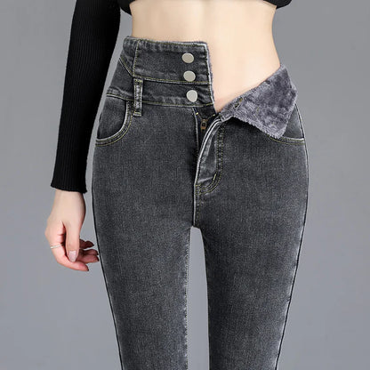 Thermische Winter-dicke Fleece-High-Waist-warme Skinny Jeans Dicke Damen Stretch-Knopf-Bleistifthose Mama lässige Samtjeans