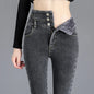 Thermische Winter-dicke Fleece-High-Waist-warme Skinny Jeans Dicke Damen Stretch-Knopf-Bleistifthose Mama lässige Samtjeans